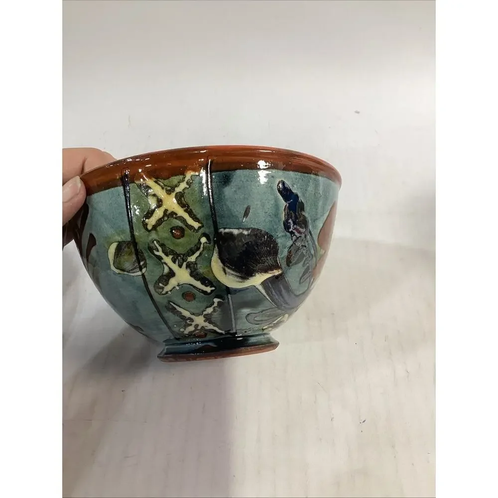 Lot Of 3 Hand Painted Glazed Pottery Bowls - 3.75”Hx6.5”D